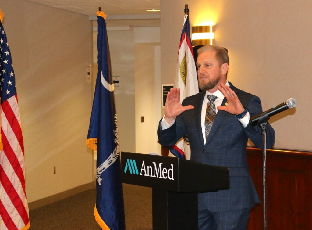 Greg Nix delivering an address during a Veterans Day event at AnMed